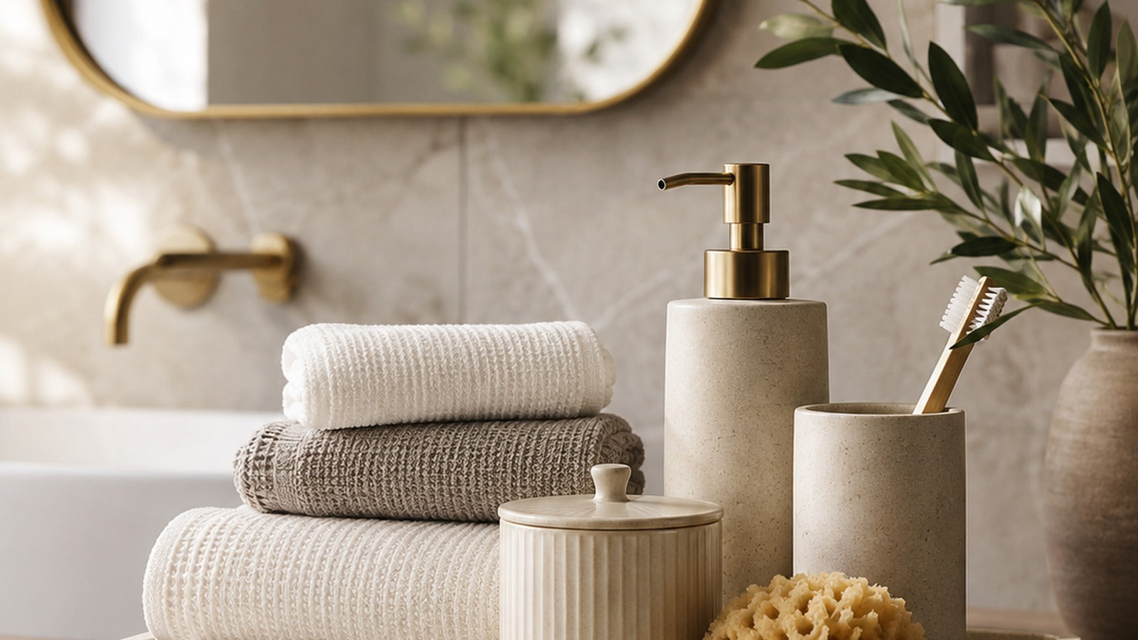 Coffee cup and small everyday objects in soft neutral tones