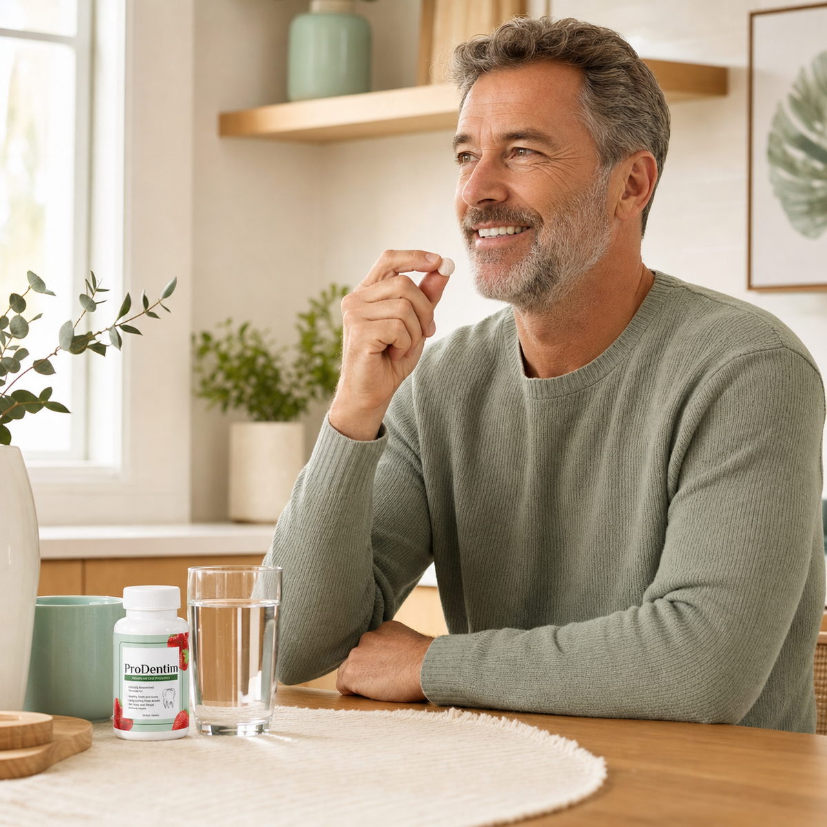 Adult at a calm morning table with ProDentim and a glass of water