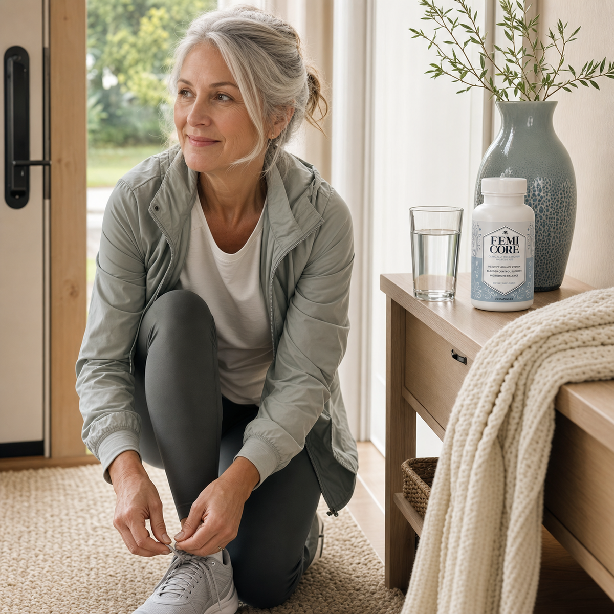 Woman preparing for a morning walk with FemiCore and a glass of water