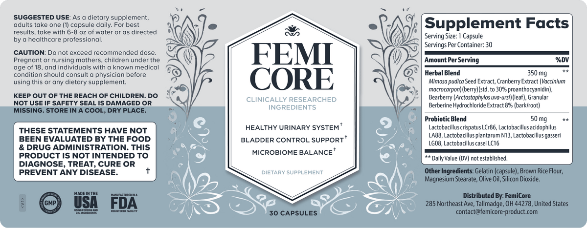 FemiCore product label supplied by the provider