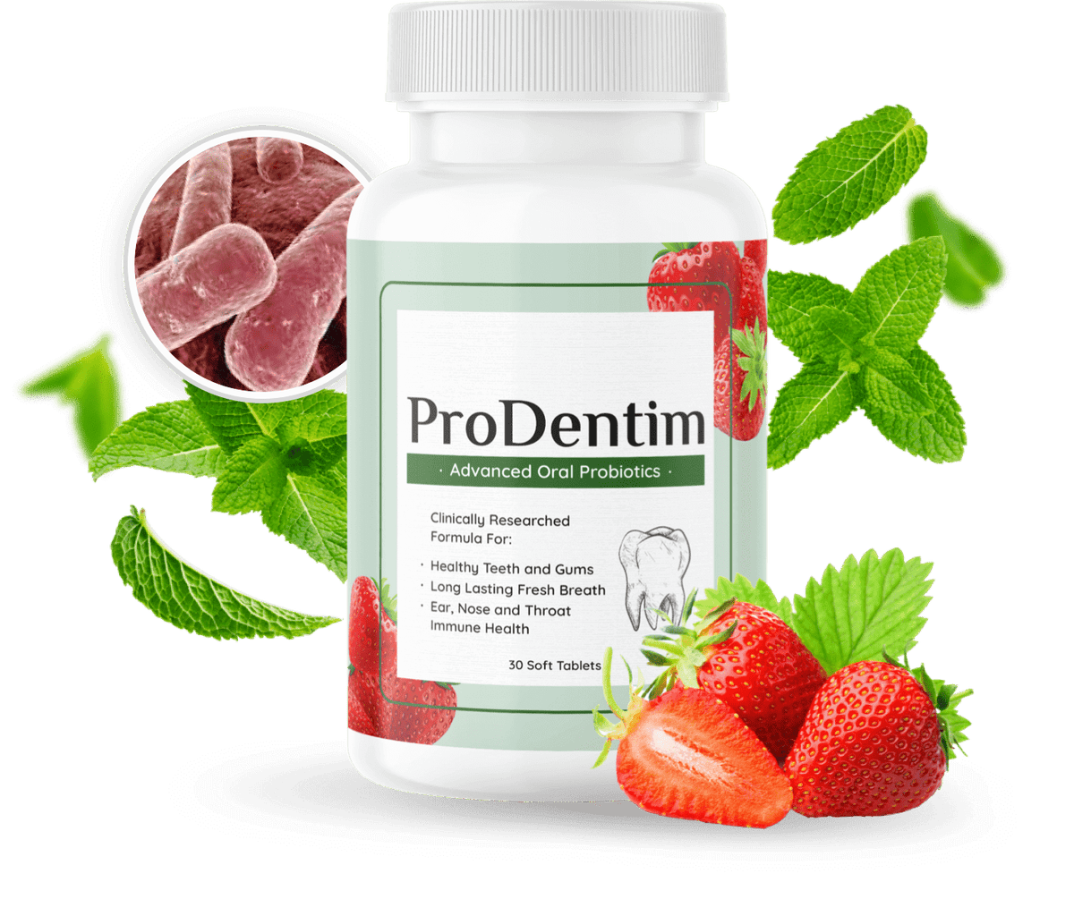 ProDentim bottle and product ingredients supplied by the provider