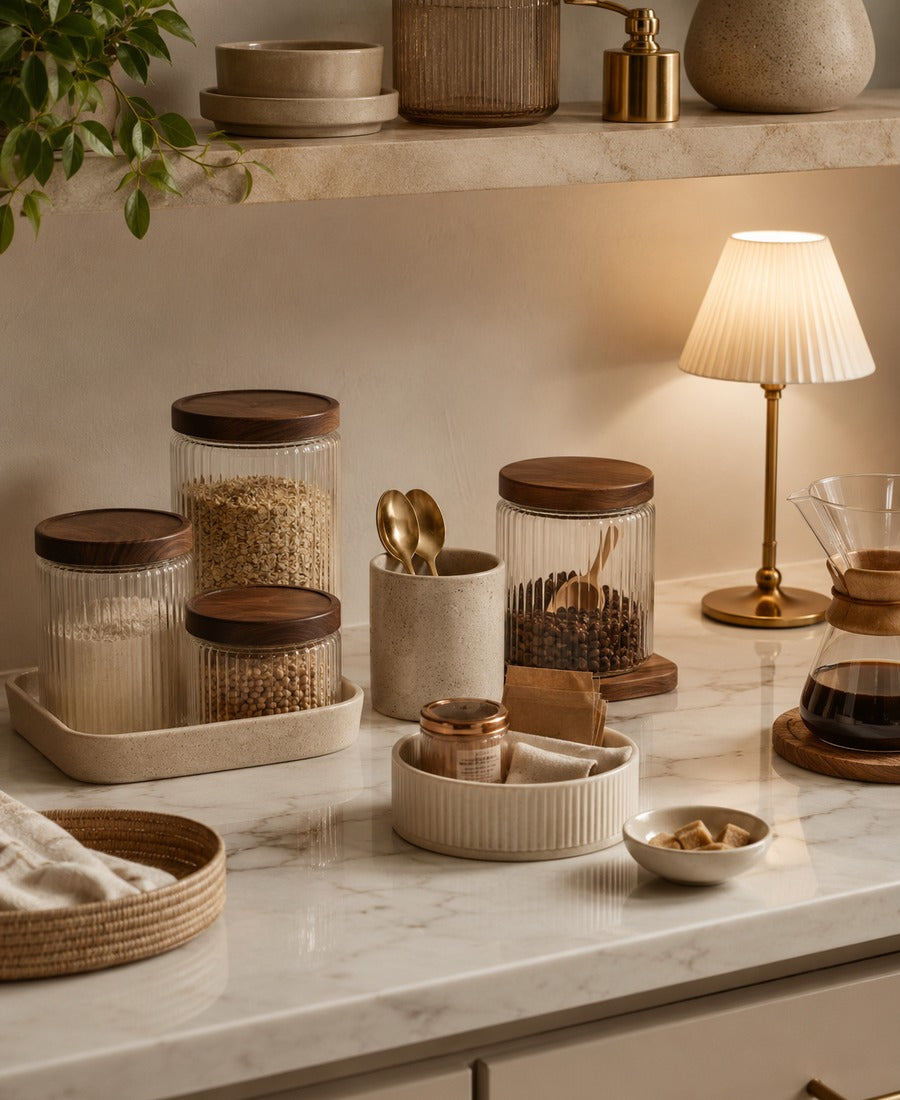 Organized coffee station with useful everyday objects
