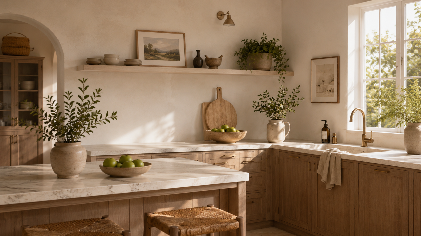 Warm kitchen counter with natural wood, stone, greenery and a bright window