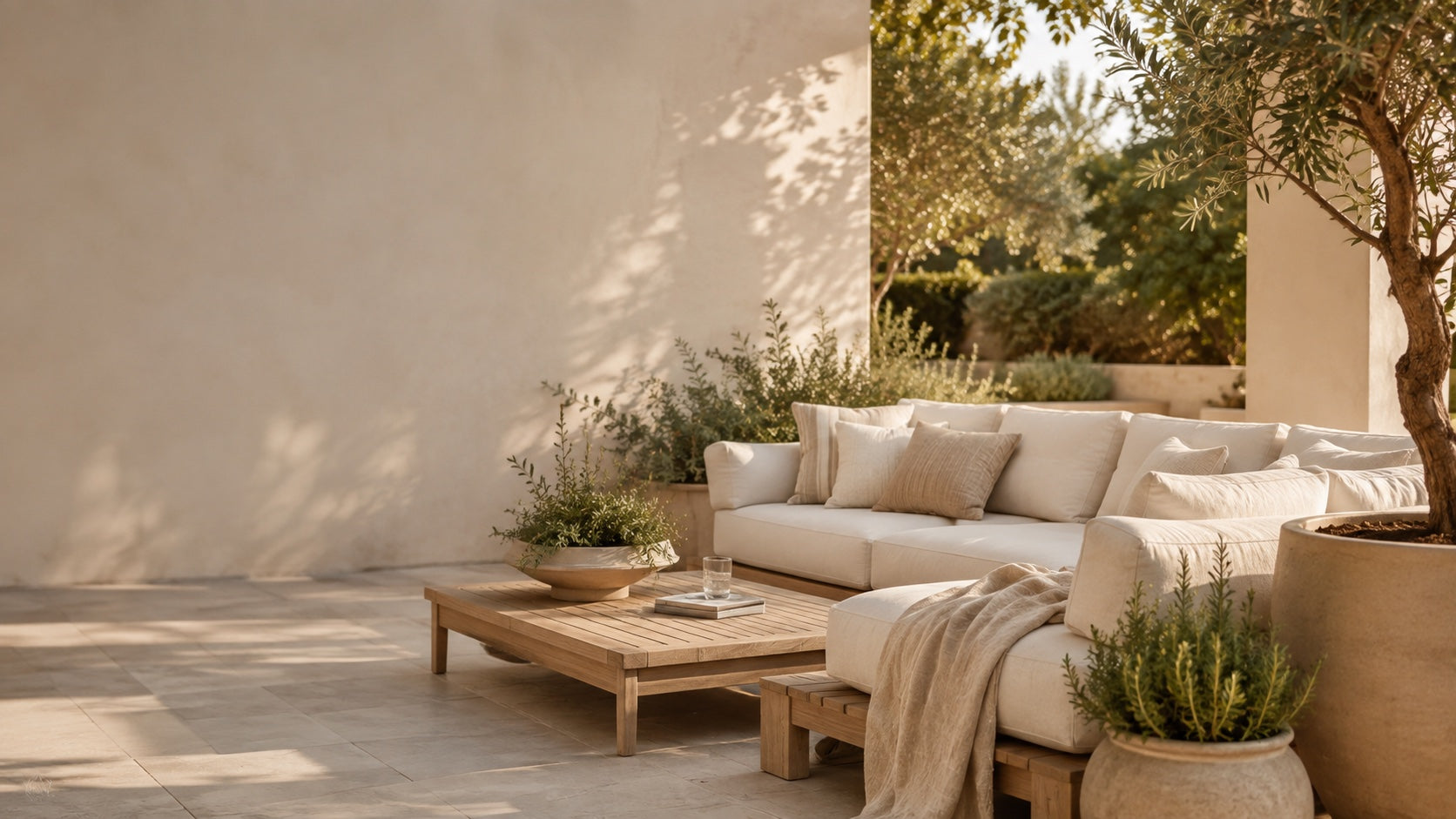 Serene Mediterranean terrace with neutral seating and warm natural light
