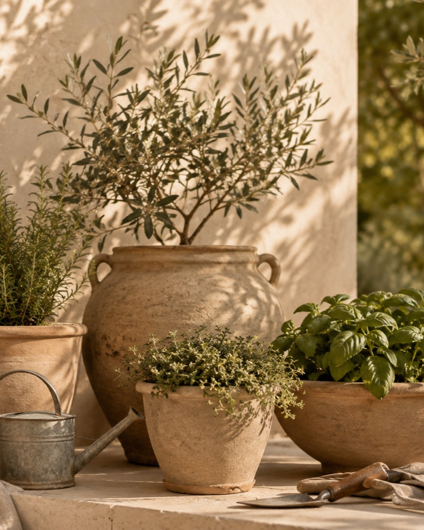 Mediterranean herbs and greenery arranged in warm terracotta pots