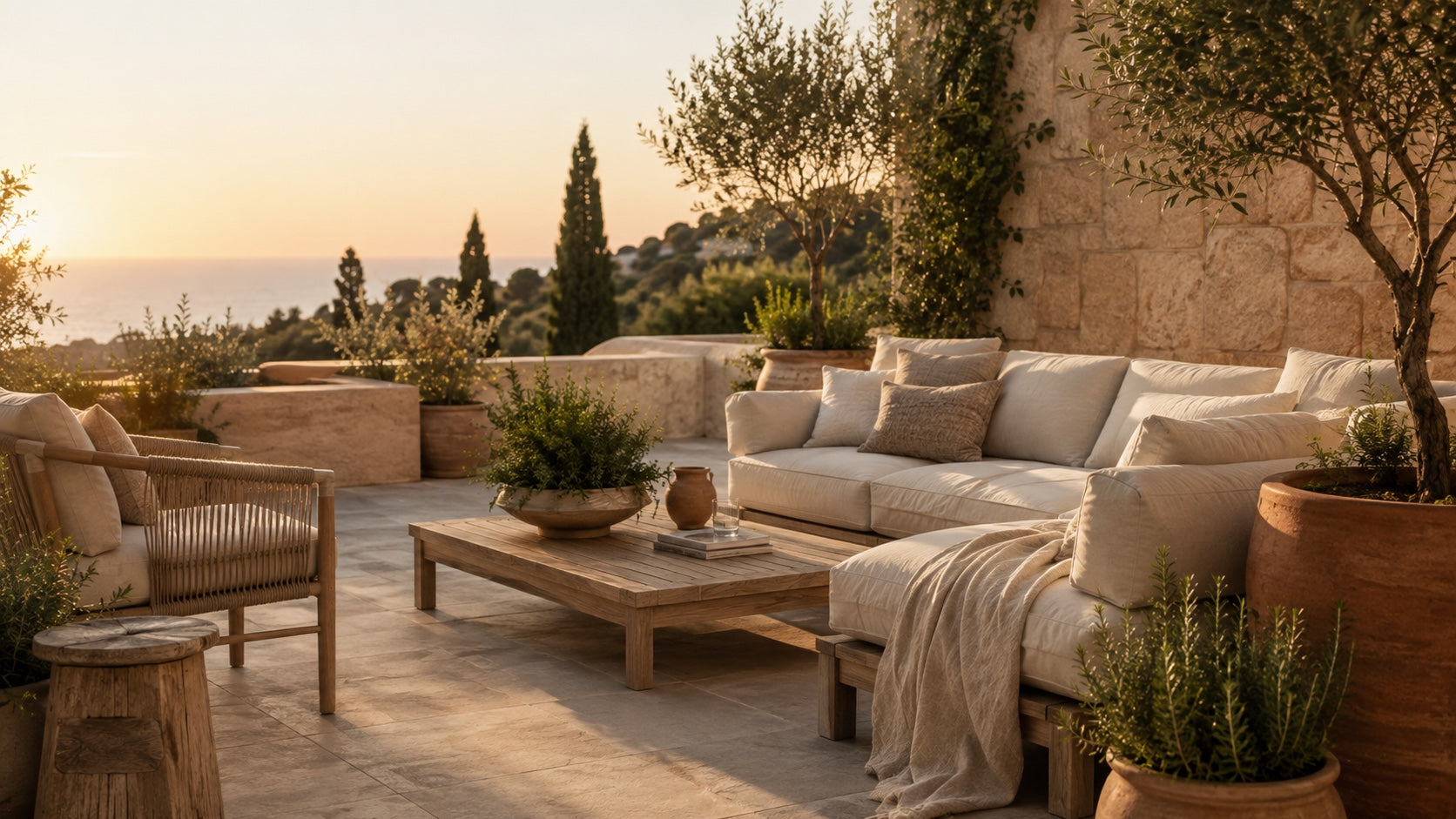 Mediterranean patio overlooking the sea at sunset