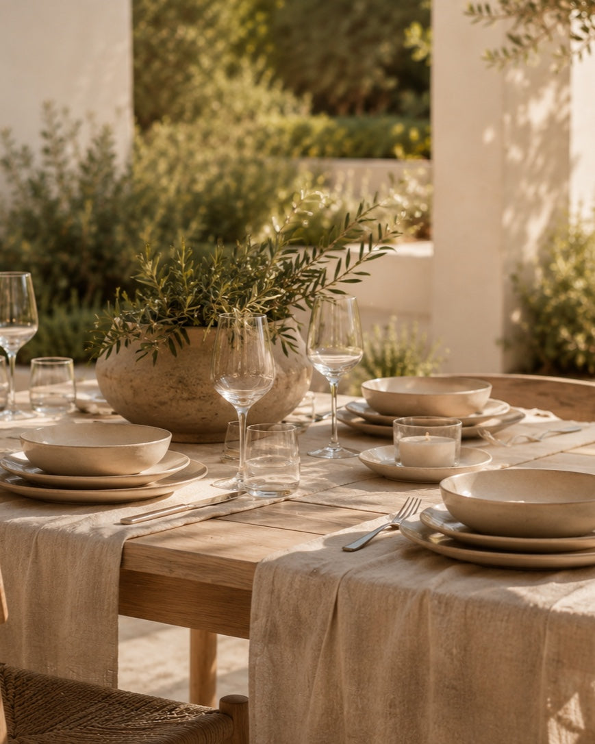 Mediterranean outdoor dining table set in warm natural light
