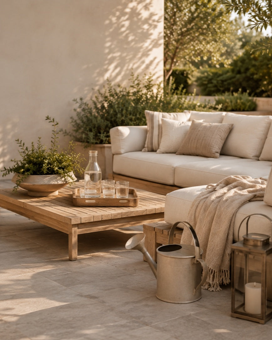 Sun-washed Mediterranean patio with a compact lounge arrangement