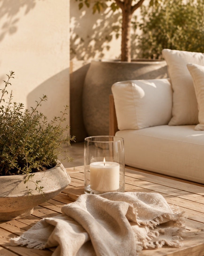 Sunlit patio corner with a candle, greenery and neutral cushions